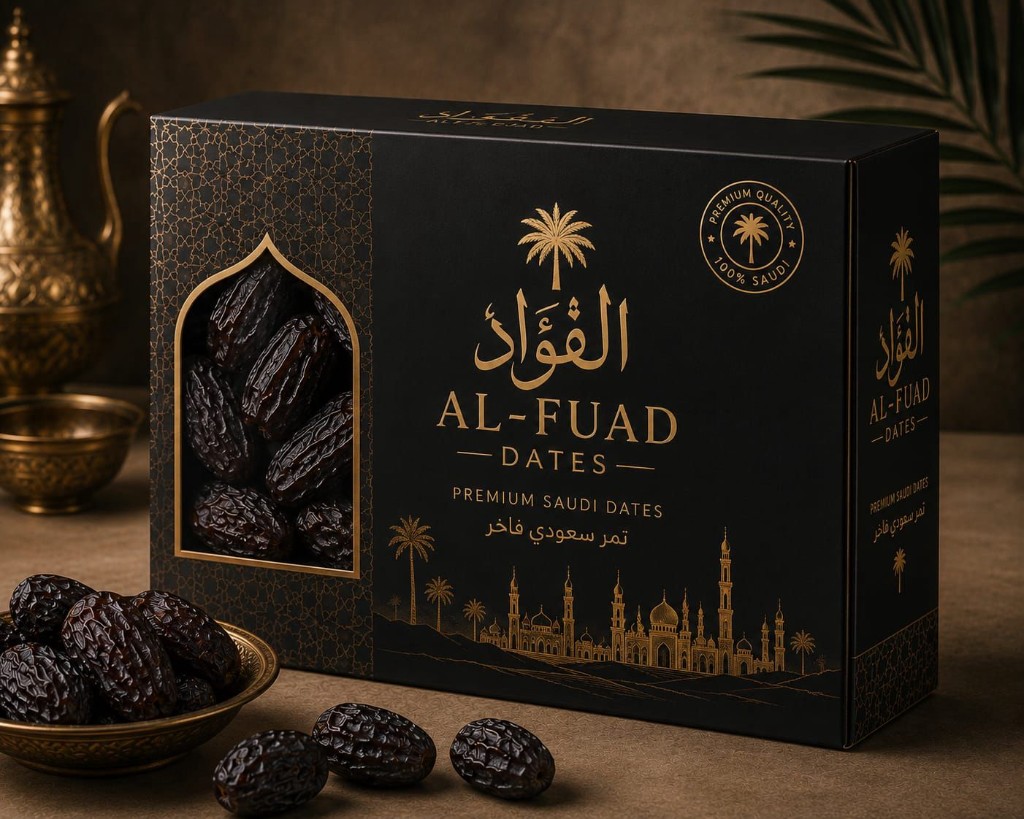 AL FUAD premium Saudi dates gift box with gold branding and arched product window