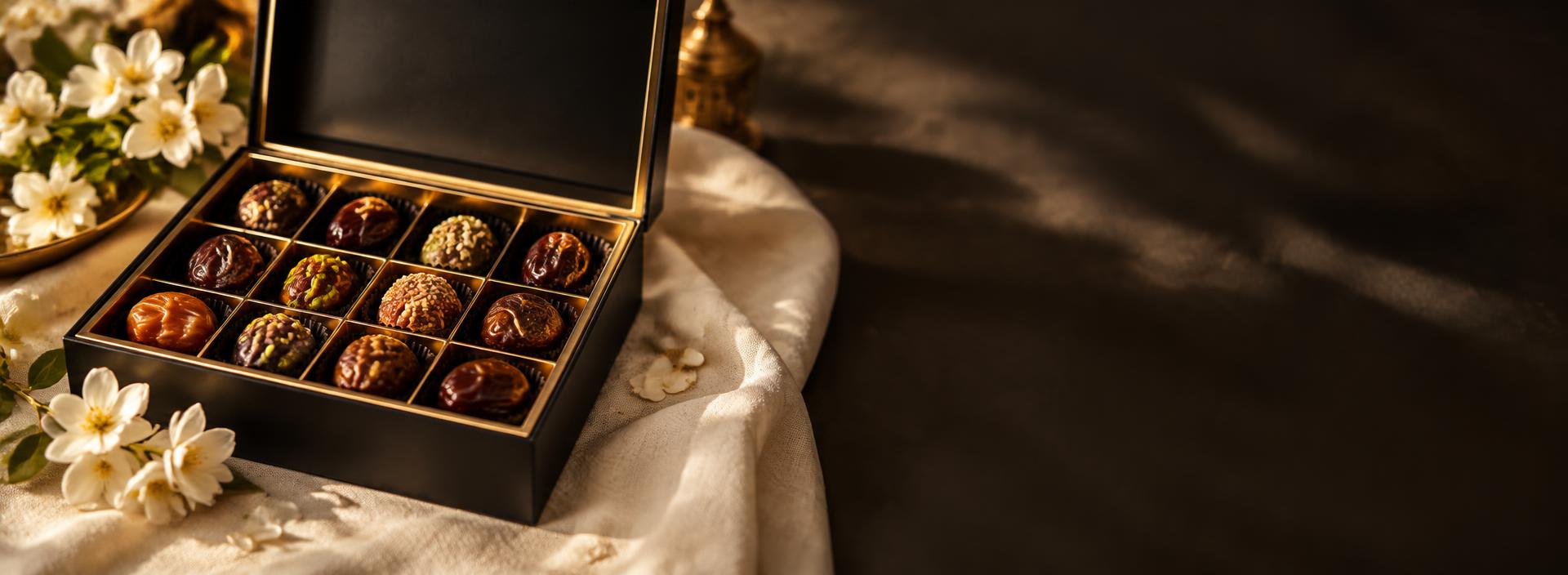 Open gift box of assorted dates on ivory linen with blossoms