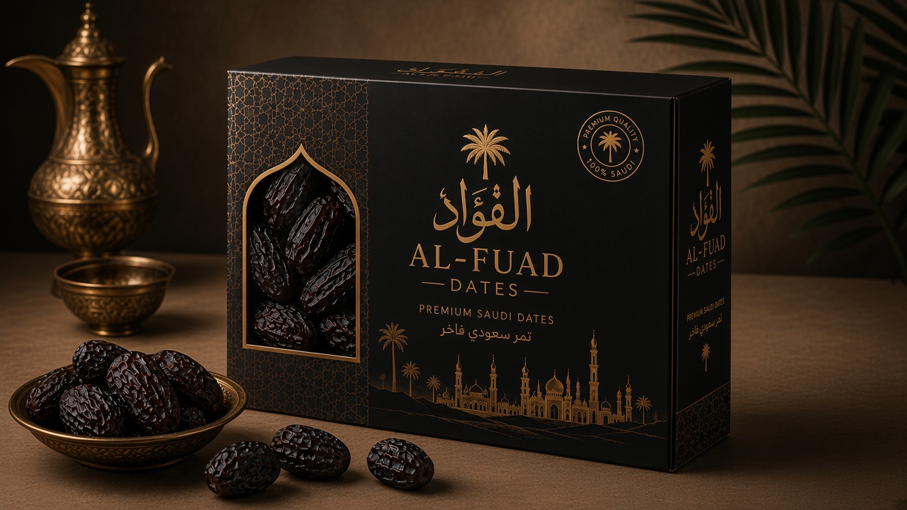 AL FUAD premium black and gold dates gift box with brass bowl