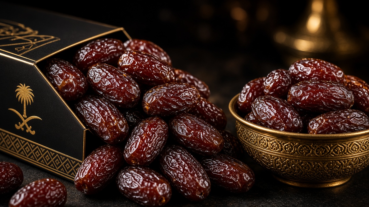 Close-up of premium AL FUAD Saudi dates in warm light
