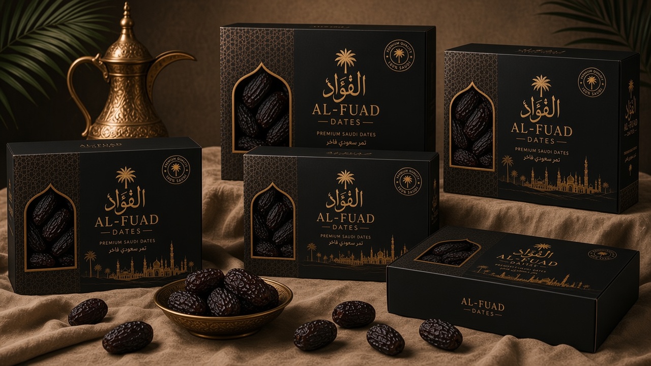 AL FUAD gift boxes arranged with dates and brass bowl